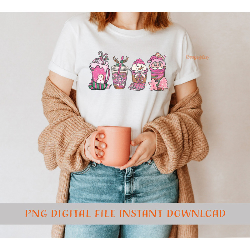 Pink Christmas coffee PNG, Christmas Sublimation Designs, Christmas cup drinks hand drawn retro style Coffee Sublimation Png Winter vibes - 5.jpg