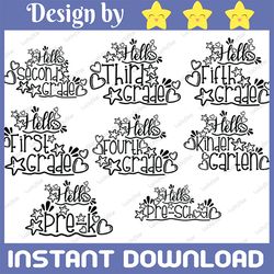 back to school svg bundle, first day of school svg, hello second grade svg, pre k, kindergarten, silhouette png dxf cut