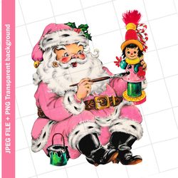 digital , pink santa claus christmas crafty paint toy vintage greeting card clip art graphic image sublimation png