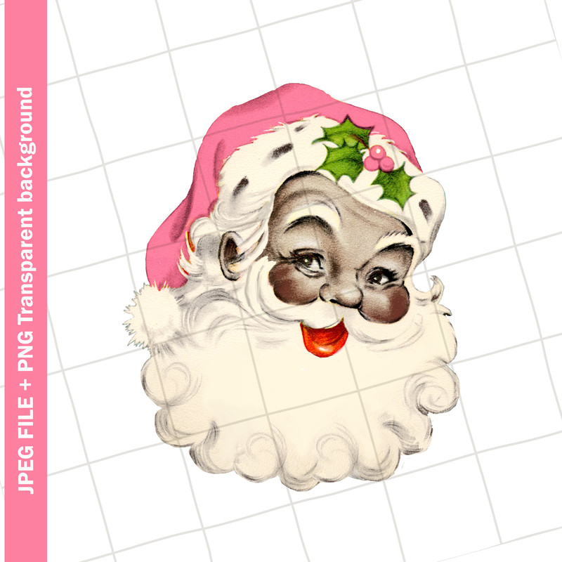 Digital Pink Santa Claus African American Christmas Vintage Greeting Card Clip Art Graphic Image Sublimation Instant Download JPEG PNG - 1.jpg