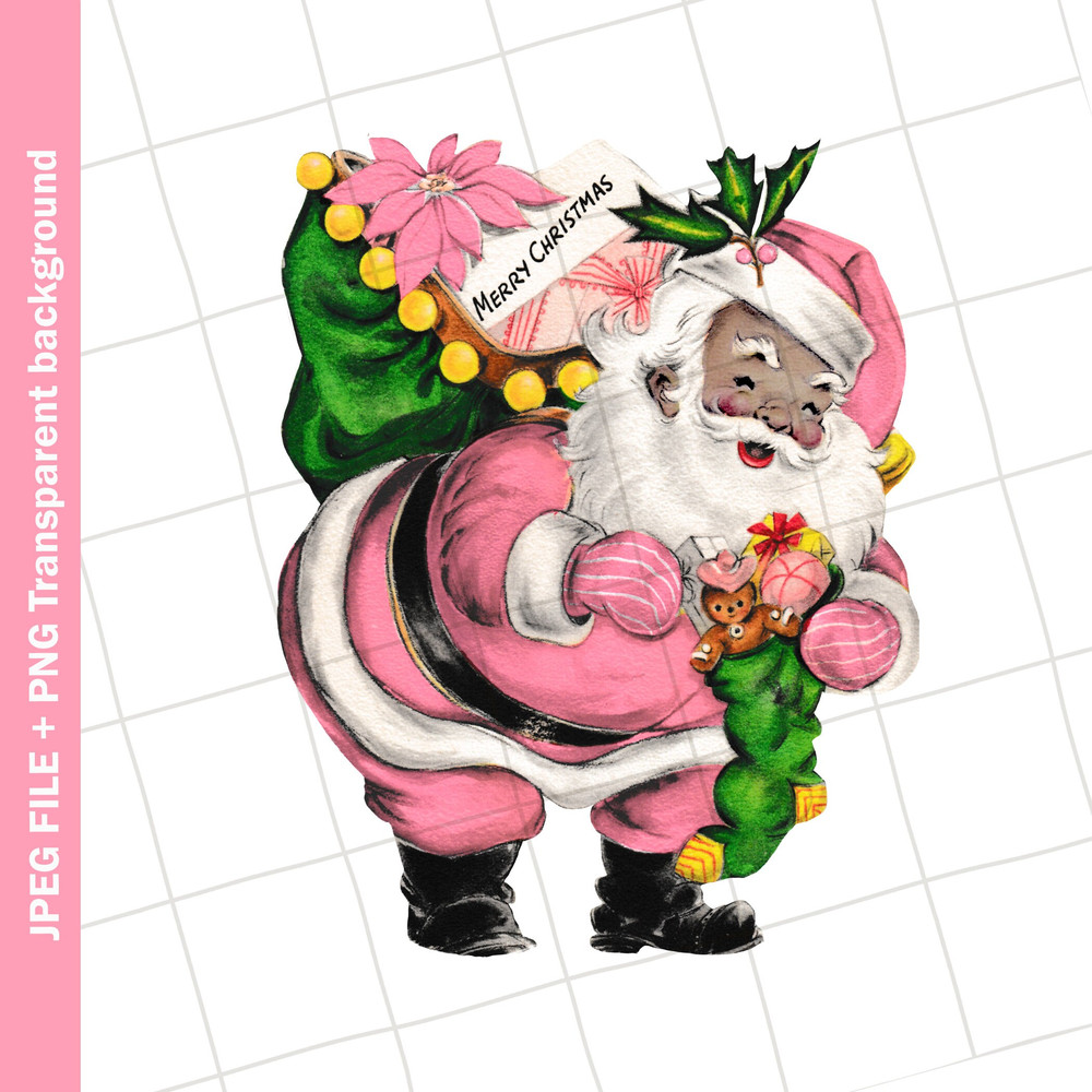Digital Download Pink Santa Claus African American Christmas Vintage Greeting Card Clip Art Graphic Image Sublimation PNG JPEG - 1.jpg