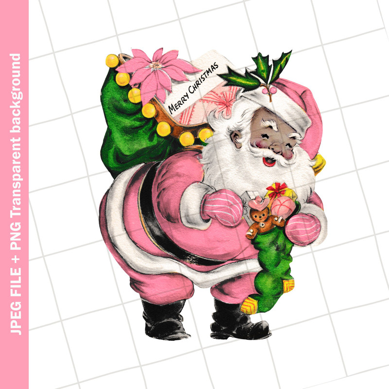 Digital Download Pink Santa Claus African American Christmas Vintage Greeting Card Clip Art Graphic Image Sublimation PNG JPEG - 1.jpg