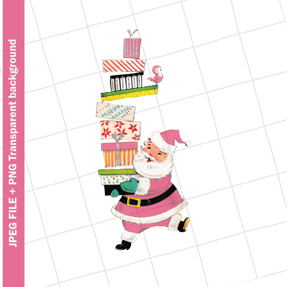 Digital Download Pink Santa Claus Christmas Vintage Greeting Card Clip Art Graphic Image #104 Sublimation PNG JPEG - 1.jpg