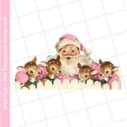 digital vintage clipart , pink santa reindeer christmas greeting card graphic image , png jpeg