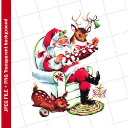 vintage clipart , red santa claus christmas reindeer , digital greeting card graphic image sublimation png jpeg