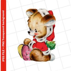 Vintage Digital Clipart , Christmas Baby Bear Blue Shoe Pink Shoe Vintage Greeting Card Graphic Image , PNG JPEG