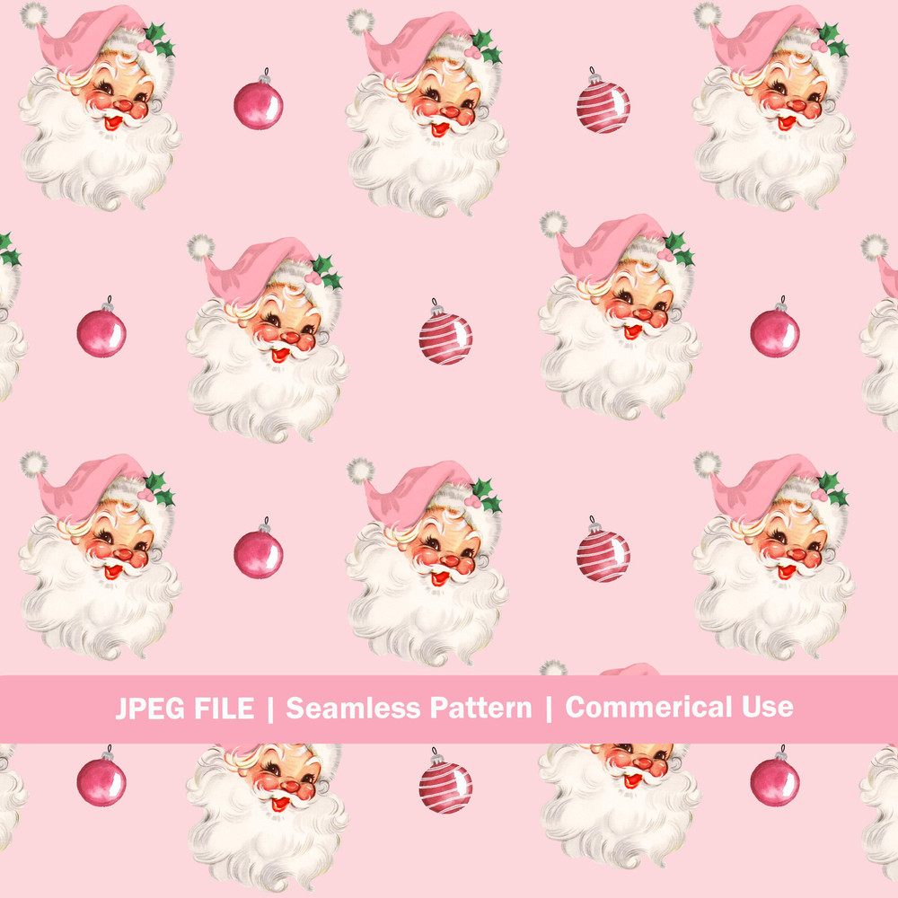 Vintage Seamless Pattern Santa Face Pink Surface Pattern, Repeating Christmas Print - 1.jpg