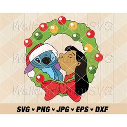 Christmas Wreath Lilo Kissing Stitch Svg Png, Layered Stitch Christmas Svg, Stitch Santa Hat Svg, Stitch Xmas Png, Svg F