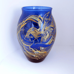 Blue glass vase with hand painting . Cobalt blue hand painted vase . living collectibles . The only instance .