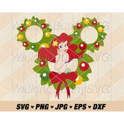 mermaid princess christmas wreath svg png, layered mouse ears wreath princess svg, christmas mermaid svg files for cricu