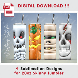 4 Cute 3D Inflated Puffy Halloween Designs - Seamless Sublimation Patterns - 20oz SKINNY TUMBLER - Full Tumbler Wrap