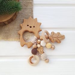 Wooden rattle toy for baby hedgehog personalized brown – woodland baby shower favor gift - organic parent gift