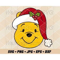 pooh bear face svg png, layered honey bear christmas svg, winnie svg, christmas pooh santa hat png, svg files for cricut