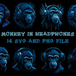 monkey in headphones vector digital file 14 svg,png files sublimation digital vector file