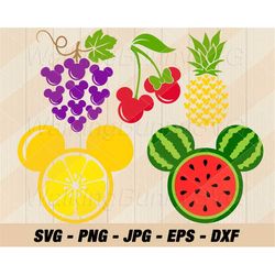 mouse ears fruits svg png, layered mouse head fruits svg, lemon svg, pineapple svg, cherry svg, grape svg, watermelon sv