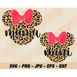 mama mini leopard mouse ears svg png, layered leopard mouse ears svg, leopard mom daughter png, svg files for cricut, in