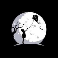 chasing dreams under the moonlit sky: a little girl and her kite, editable layered cut file svg png ai gif eps jpeg