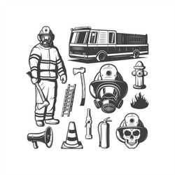 fire department equipment bundle, firefighting vintage elements set layered cut files svg png jpeg ai eps gif cricu