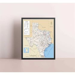 texas state map, map poster classic, texas state wall poster decor, state map art