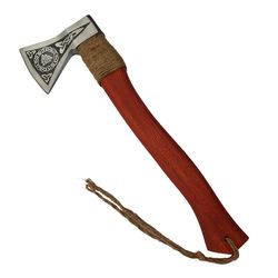Hand Made Carbon Steel Viking Axe and Hatchet Wood Chopper Red Color Ash Wood Handle Etched Head Design 18 Inches