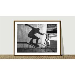 shady wall black and white young boy skateboard poster - art deco, skate lovers, canvas print, gift idea, print buy 2 ge