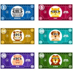 bank of toy : play money, 1 koala, 5 cat, 10 monkey, 20 dog, 30 pig, 50 lion, cut file svg  png  eps  jpeg  ai  gif  pdf