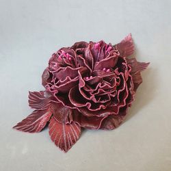 Bordo color rose leather brooch for her , 3rd anniversary gift for wife, Leather women's jewelry