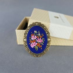 Ribbon embroidered blue brooch, 4th wedding anniversary gift, custom embroidery bouquet
