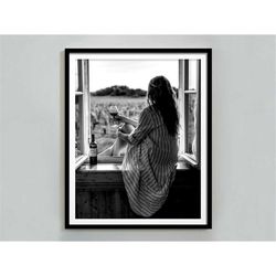 woman drinking wine in window print, feminist poster, bar cart wall art, black and white, bar poster, alcohol poster, te