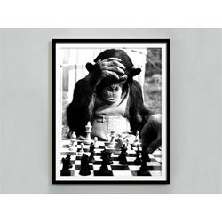 Checkmate Print, Monkey Playing Chess, Black and White Wall Art, Vintage Photography Print, Monkey Poster, Funny Wall Ar