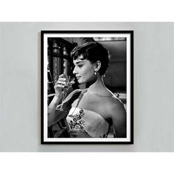 Audrey Hepburn Drinking Wine Poster, Black and White, Vintage Photo, Bar Cart Print, Old Hollywood Decor, Audrey Hepburn