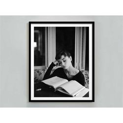 Audrey Hepburn Reading Book Poster, Black and White, Audrey Hepburn Print, Retro Wall Art, Vintage Photo, Feminist Poste