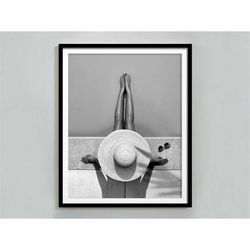 Woman in Swimming Pool Print, Black and White Wall Art, Fashion Print, Vintage Photography, Printable, Summer Poster, Te