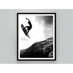 Surf Print, Black and White, Surfer Poster, Vintage Photo, Ocean Wall Art, Beach Photography Print, Surfing Pictures, Te