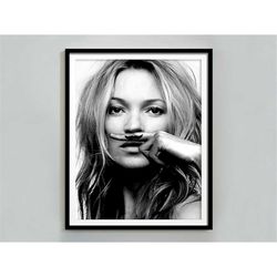 Kate Moss Mustache Print, Black and White, Fashion Poster, Life Is A Joke, Kate Moss Poster, Vintage Photography Print,