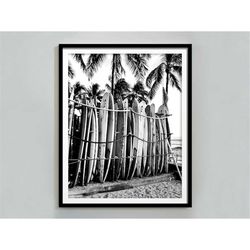 Surfboards in Hawaii Poster, Black and White, Vintage Print, Surfboard Wall Art, Beach House Decor, Beach Photography, P