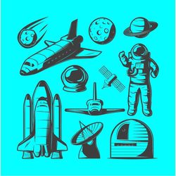 space elements set: astronauts, rockets, cosmic objects, observatory, editable layered cricut cut file svg  png  jpeg  a