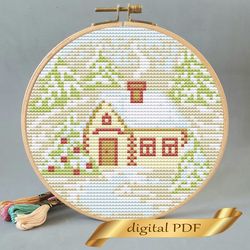 Christmas house pattern pdf cross stitch, Easy embroidery DIY