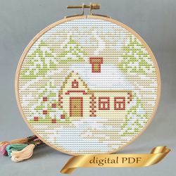 christmas house pattern pdf cross stitch, easy embroidery diy