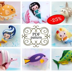 Felt fish pattern, Mermaid felt pattern, Felt sea animal pattern, Felt toy patterns, Felt pattern PDF, Felt doll pattern