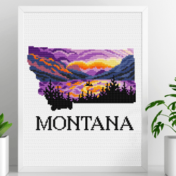 Silhouette Montana cross stitch, US states cross stitch, Glacier national park, Landscape cross stitch, Digital PDF