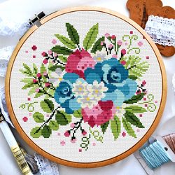 Blue roses cross stitch, Cross stitch flowers, Flower bouquet cross stitch, Cross stitch pattern easy, Digital PDF
