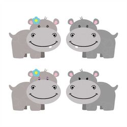 set of four cute hippo svg, hippo girl svg, hippo boy svg, africa animal, animal cut file, hippopotam svg, png, cutting