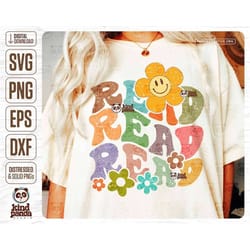 groovy read svg png sublimation, book lover cut file, retro bookish shirt design, floral literature png, happy daisy, 70