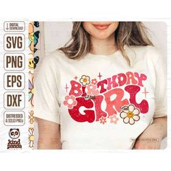 floral birthday girl svg png sublimation, groovy birthday princess, happy birthday party shirt design, retro cute girls