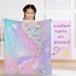 Personalized Mermaid Blanket with Name for Girls,Custom Mermaid Tails Fleece Blankets,Customize Soft Baby Blanket,Mermai
