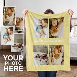 personalized photo blanket, soft blanket with baby photos collage, handmade home decor, father's day special blanket gif