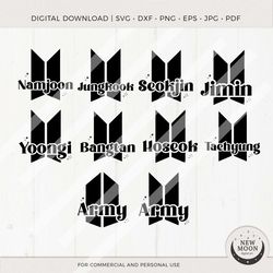 bts member names , bangtan svg , kpop digital download , army download for cricut dxf digital cut file eps svg png light