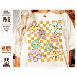 checkered smile flowers png sublimation, grunge happy face kids shirt design, boho groovy flowers, distressed vintage fl