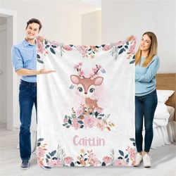 floral deer name blanket, personalized blanket for baby/kids, custom name nursery blanket for newborn, swaddle gift, flo